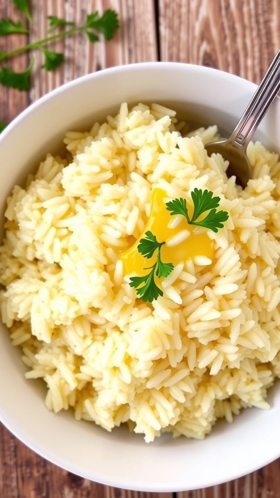 Fluffy butter rice garnished with parsley in a white bowl on a wooden table.